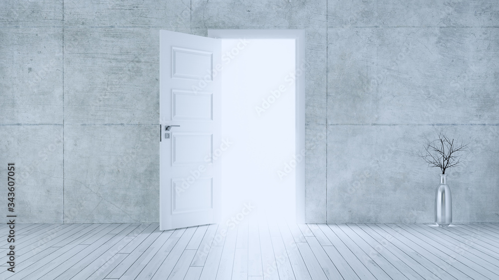 Light entering from open white door to empty room with concrete wall realistic 3D rendering Light entering from open white door to empty room with concrete wall realistic 3D rendering
