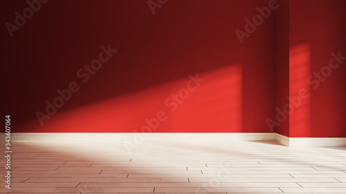 Red wall  and sunlight from window on the wall realistic 3D rendering