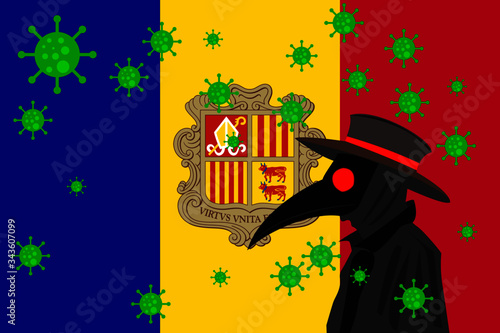 Black plague doctor surrounded by viruses with copy space with ANDORRA flag.