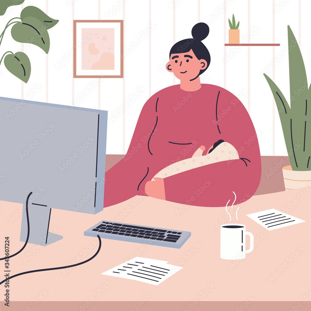 Young mother working remotely during quarantine at home.Working on computer in a child care decree.Happy mom spends time at home with baby.Vector colorful illustration.Flat cartoon character Young mother working remotely during quarantine at home.Working on computer in a child care decree.Happy mom spends time at home with baby.Vector colorful illustration.Flat cartoon character