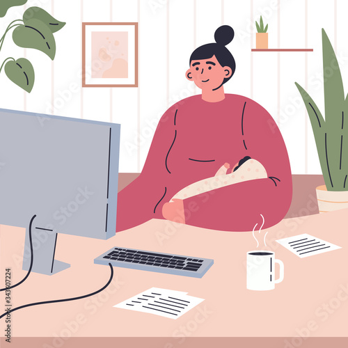 Young mother working remotely during quarantine at home.Working on computer in a child care decree.Happy mom spends time at home with baby.Vector colorful illustration.Flat cartoon character