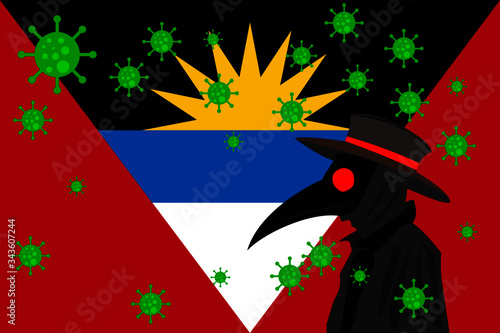 Black plague doctor surrounded by viruses with copy space with ANTIGUA AND BARBUDA flag.