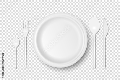 Vector 3d Realistic White Plastic, Paper Disposable Food Dish, Cutlery - Plate, Spoon, Fork, Khife Icon Set Isolated. Top View. Design template, Mock up for Graphics, Branding Identity, Printing