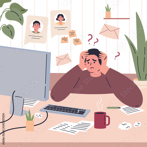 Man working remotely during quarantine at home.Freelancer is stressed through a lot of work.Young man sitting at the desk in his room and working.Vector colorful illustration.Flat cartoon character