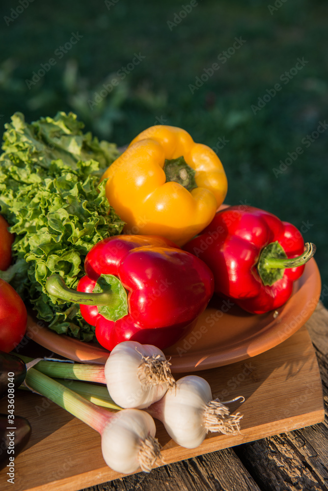 Fresh vegetables on wooden table.  Market vegetable, garden.Diet concept. Healthy organic vegetarian food. 