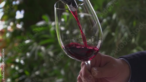 A business man in a suit holds a glass at a wine degustation. A sommelier filling a transparent wine glass with cabernet at outdoor restaurant. Bright green plants at summer garden, beautiful nature.