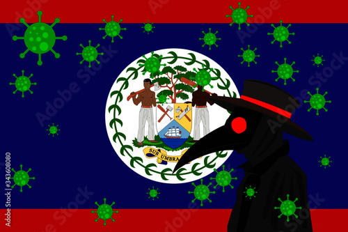 Black plague doctor surrounded by viruses with copy space with BELIZE flag.