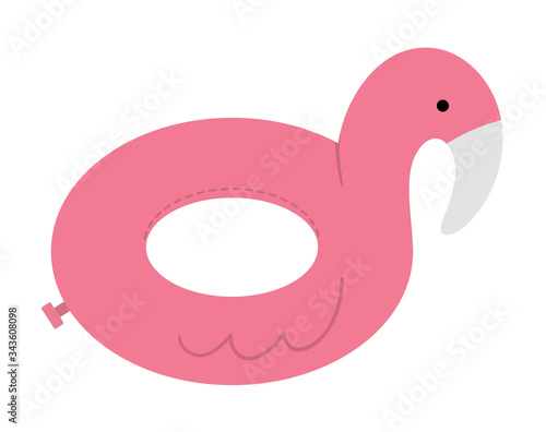 Vector inflatable ring isolated on white background. Rubber life saver circle. Pink flamingo swimming accessory. Summer clipart element. Cute flat illustration for kids. Vacation beach object..