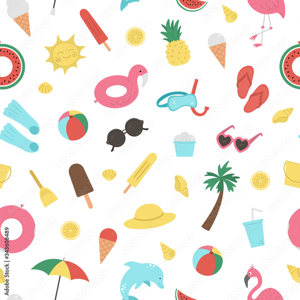 Vector seamless pattern with summer elements. Cute flat background for