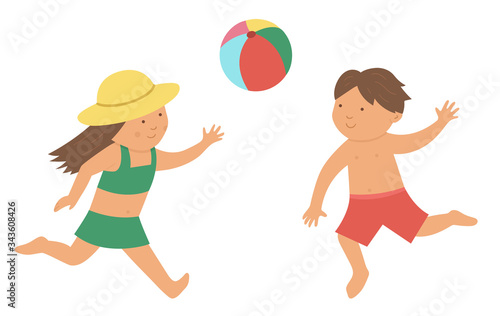 Vector kids playing ball in swimsuits. Children doing beach activity. Cute boy and girl having fun on the seashore. Funny summer illustration.