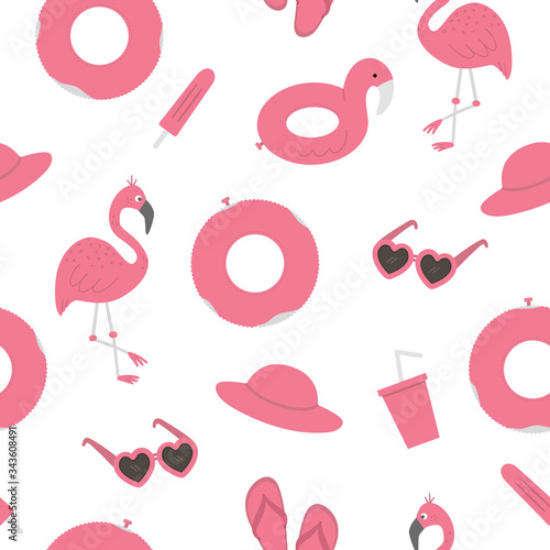 Vector seamless pattern with pink summer elements. Cute flat background for kids with flamingo, plane, sunglasses, funny inflatable rings. Vacation beach texture.