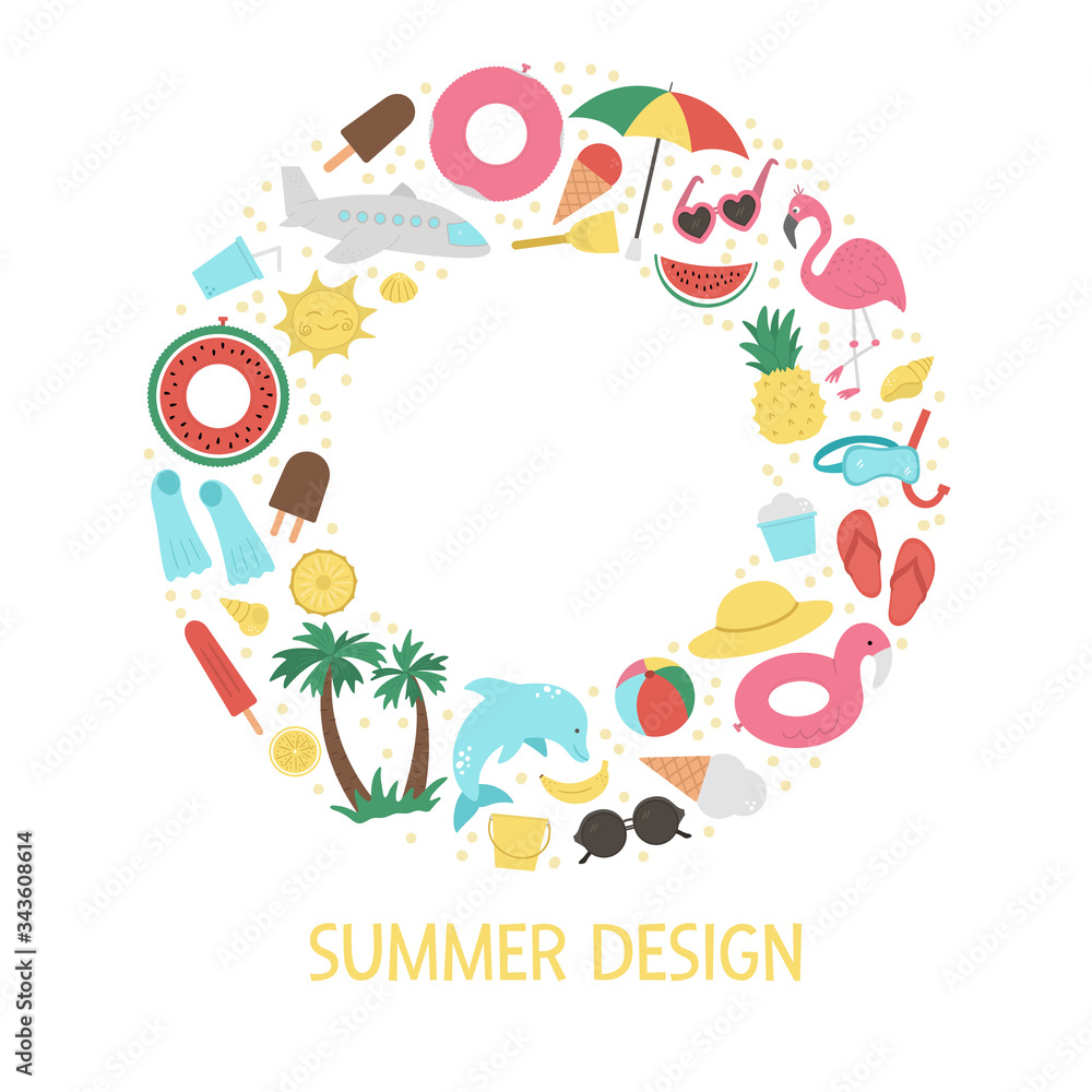 Vector round frame with summer clipart elements isolated on white background. Funny banner design with cute palm tree, plane, sunglasses, funny inflatable rings. Vacation beach summer card template.