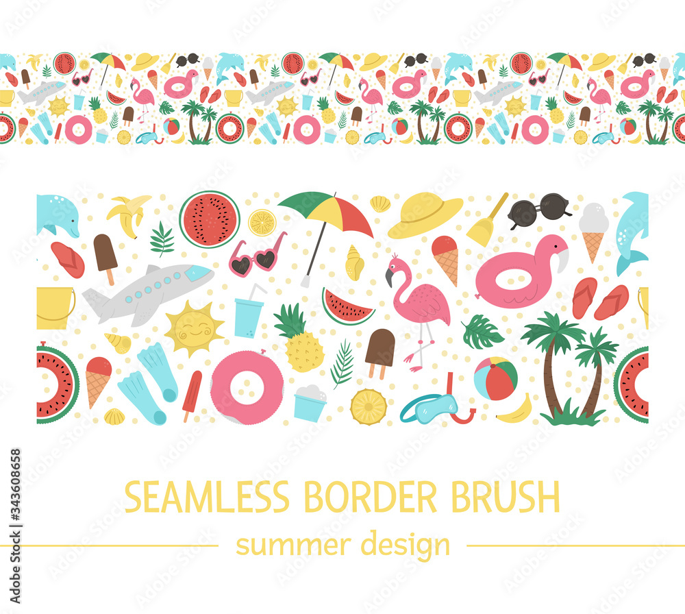 Vector seamless border with summer elements. Cute flat background for kids with palm tree, plane, sunglasses, funny inflatable rings. Vacation beach pattern brush.