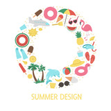 Vector round frame with summer clipart elements isolated on white background. Funny banner design with cute palm tree, plane, sunglasses, funny inflatable rings. Vacation beach summer card template.
