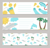 Set of vector summer bookmarks with palm tree, plane, sunglasses, swimming equipment. Funny vacation or holidays horizontal card templates with cute beach objects. .