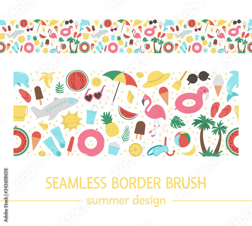 Vector seamless border with summer elements. Cute flat background for kids with palm tree, plane, sunglasses, funny inflatable rings. Vacation beach pattern brush.