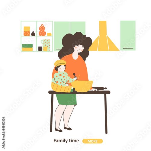 Cooking together baby mom vector illustration, flat design.