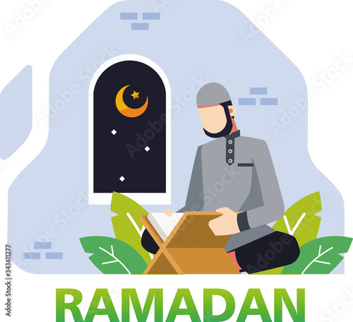 Ramadan background with a muslim male reading the koran in the mosque illustration