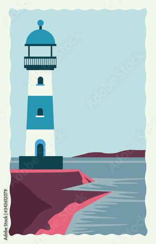 sea scape flat scene with lighthouse