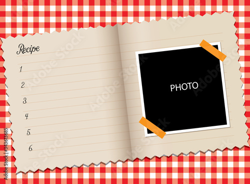 Recipe book and photo area on red white table cloth, vector illustration