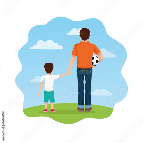 fathers day card with dad and son and balloon soccer