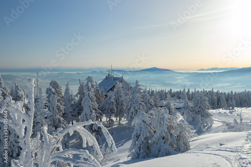 Fototapeta Naklejka Na Ścianę i Meble -  Skrzyczne the highest peak of the Silesian Beskids. View of the hut, Babia Góra peak, Tatra Mountains and Beskids. Winter trekking, snowy trees, crown of polish mountains