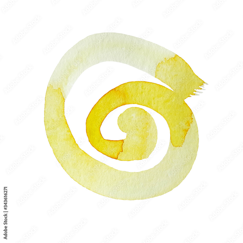 Watercolor solar spiral. Summer Sun background. Bright hand drawn sun with beams. Summer illustration. Grunge icon, symbol, logo.