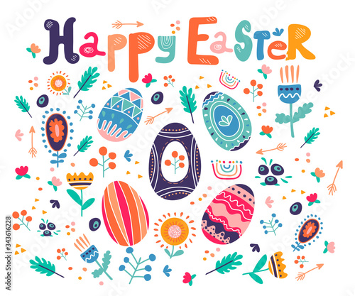 Happy Easter vector illustration set. Easter eggs, blueberries, flowers, spring, arrows and dots. Handwritten letters