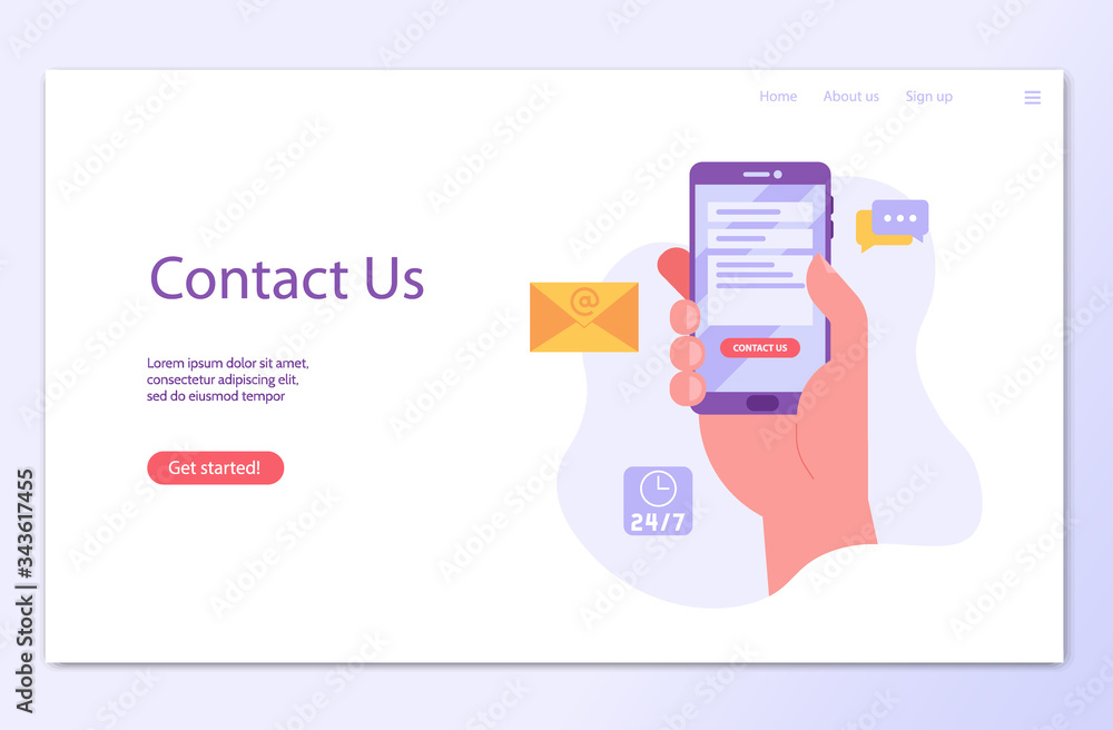 Hand holds mobile phone and writing mail. Contact us landing page. Concept of online support, customer support, email marketing. Vector illustration for UI, web banner, mobile app Hand holds mobile phone and writing mail. Contact us landing page. Concept of online support, customer support, email marketing. Vector illustration for UI, web banner, mobile app
