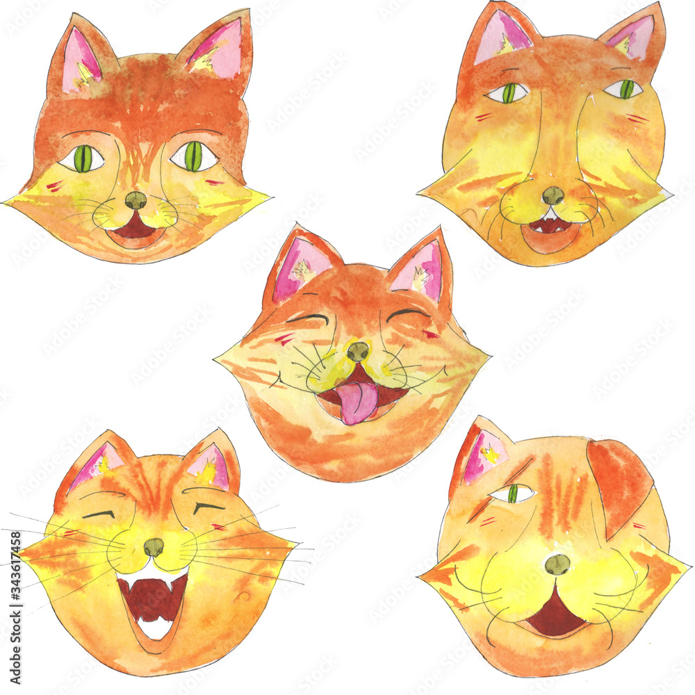 Set of five fox cat heads. Watercolor hand drawn illustration