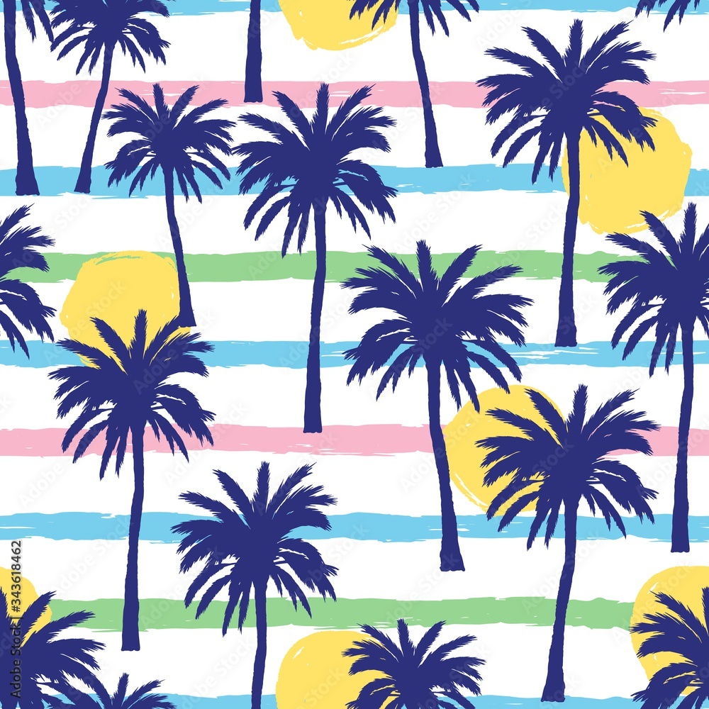 Vector seamless pattern with hand drawn palm trees on grunge colorful strips background. Summer backdrop. Tropical coconut palms silhouette with sun.