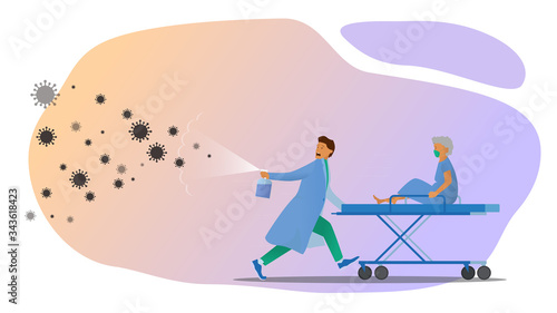 A medical worker, a doctor, rescues an elderly woman, grandmother from the coronavirus Covid-19. Bacteria of the virus persecute the doctor and patient. The doctor sprays an antibacterial agent. 