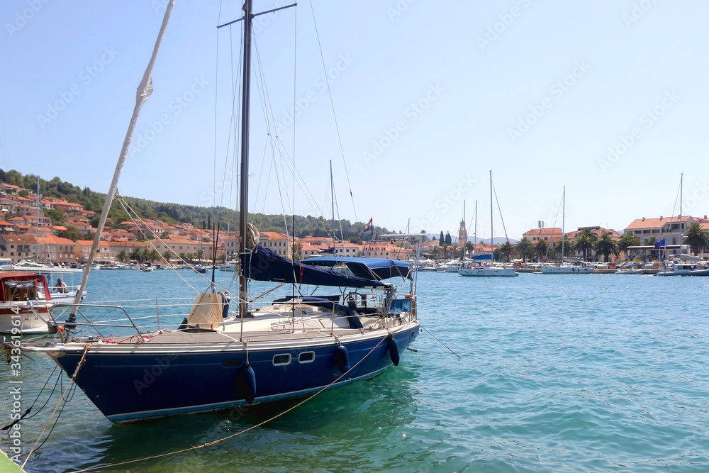 Sailing boat in the port of Vela Luka, on island Korcula, Croatia.