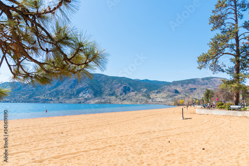 View of the large sandy beach at Skaha Lake in Penticton  BC  Canada