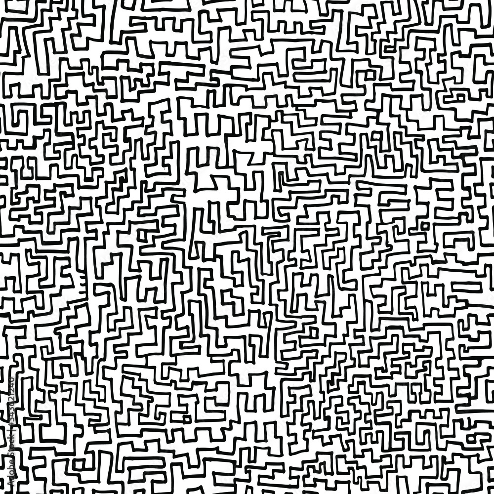 Seamless pattern maze. Monochrome abstract curved lines background. Black and white hand-drawn wallpaper. Vector illustration.