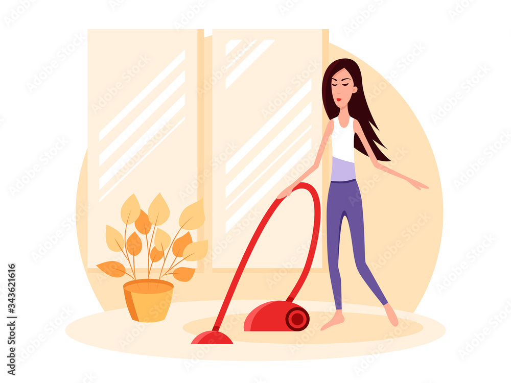 Woman vacuuming the room. Color cartoon flat icon. Concept stay home. Woman vacuuming the room. Color cartoon flat icon. Concept stay home.