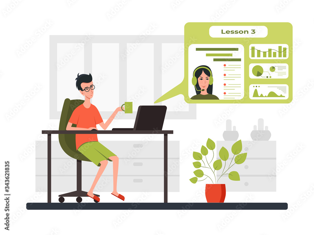 Freelance developer talking teacher in video conference. Color vector cartoon illustration. Freelance developer talking teacher in video conference. Color vector cartoon illustration.