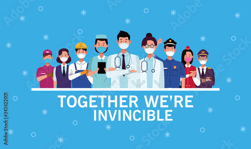 group of workers using face masks and together we are invincible