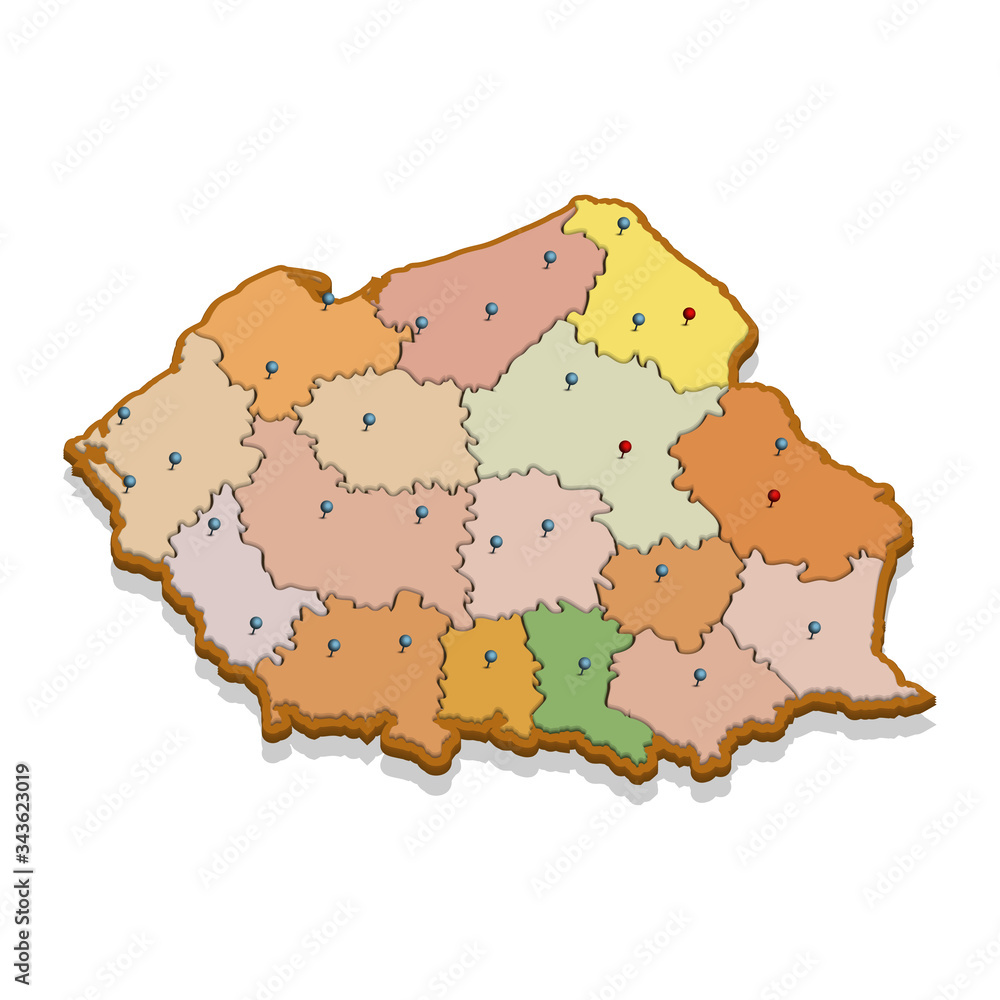 Isometric 3D map of the Poland with regions. Isolated political country map in perspective with administrative divisions and pointer marks. Detailed map of Poland. Concept for infographic. VectorEPS10