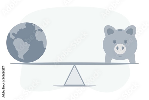 World globe and piggy bank balancing on a seesaw. Vector flat design illustration.