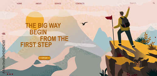 Web banner on the theme of sport tourism, Climbing, hiking, walking. Man with flag and backpack enjoys mountain view and nature. Sports, outdoor recreation, adventures in nature, vacation. Vector