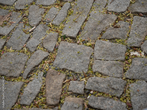  texture of an old sidewalk in Prague in spring 2020