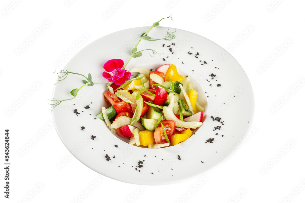 Diet salad made from fresh spring vegetables. Tomatoes, cucumber, peppers, herbs, radishes. We cook at home ourselves.