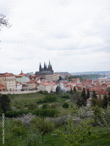  view of the old prague and prazksy castle and the temple of st. vitus in spring in rainy weather