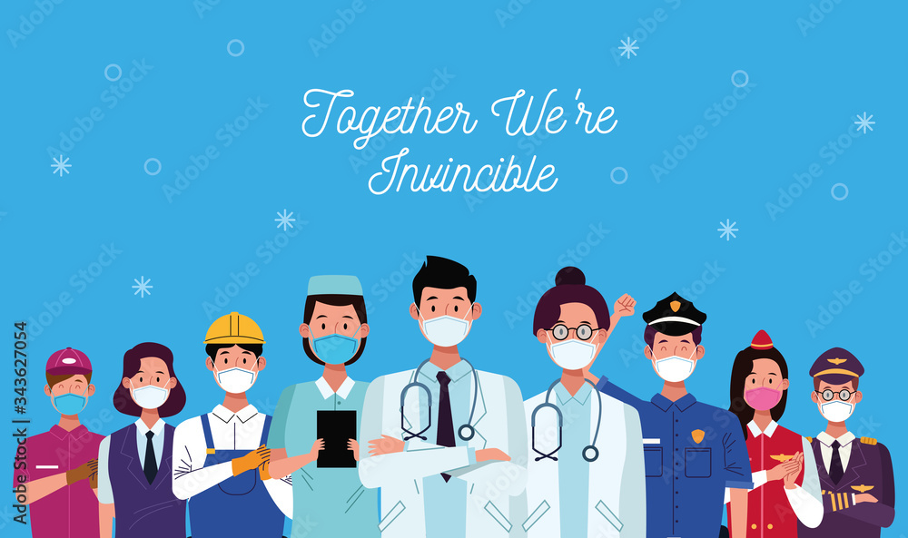 group of workers using face masks and together we are invincible group of workers using face masks and together we are invincible