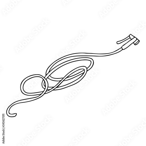 Garden water hose with nozzle in doodle style. Hand drawn vector illustration in black ink isolated on white background. 