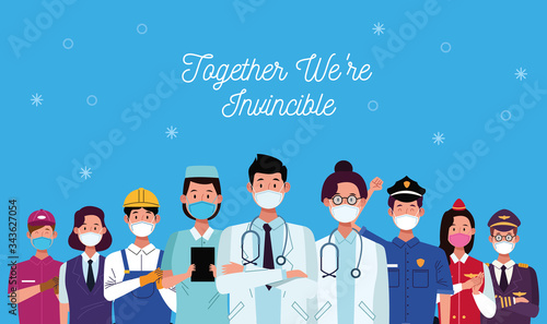 group of workers using face masks and together we are invincible