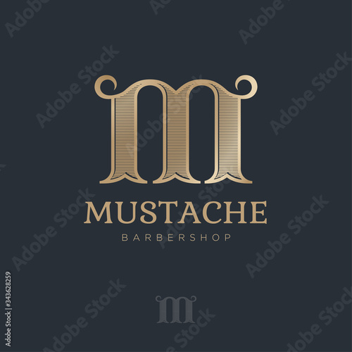 M monogram with curl elements. Barbershop logo. Golden letter M with mustache. Male salon logo. Premium icon or sign.