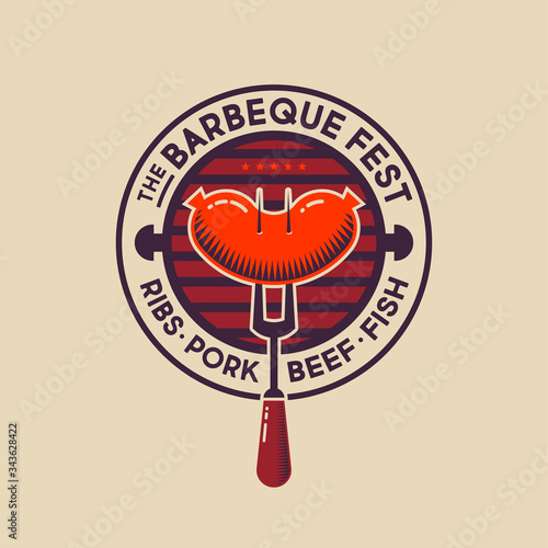 Barbecue Fest logo. Emblem with grill, sausage and BBQ fork. Butcher Shop sign. Hot grilled sausage on a fork, on a grille background.