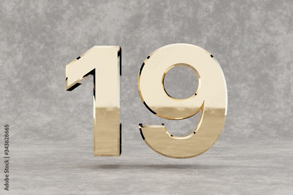 Gold 3d number 19. Glossy golden number on concrete background. 3d rendered digit. Gold 3d number 19. Glossy golden number on concrete background. 3d rendered digit.